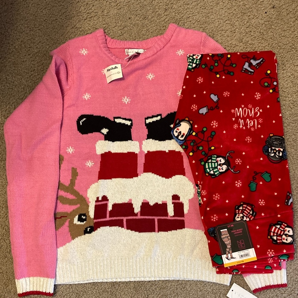 Maggie and Zoe Ugly Sweater and leggings gas